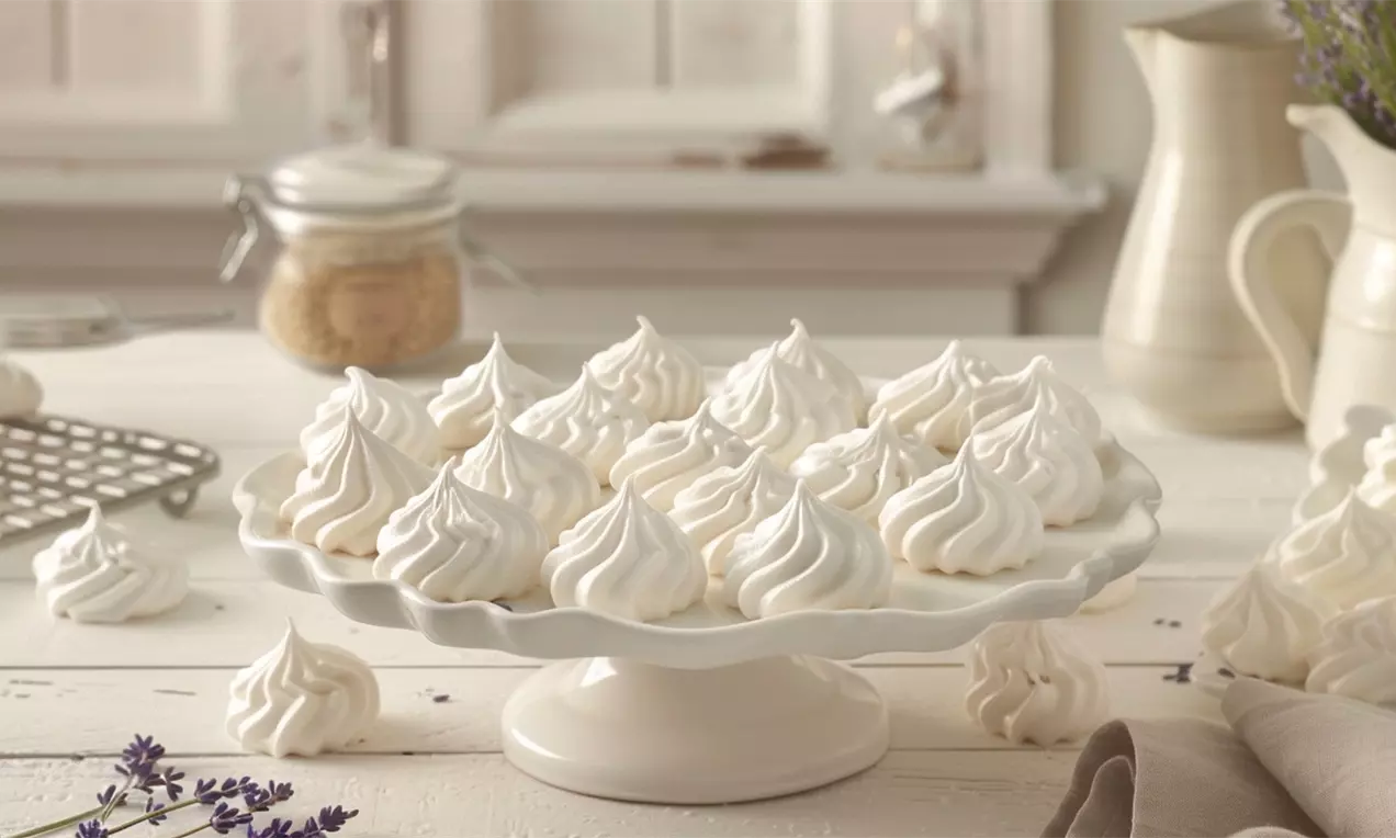 Meringues blanches brillantes torsadées en forme de petites volutes sur un plateau blanc entouré de brins de lavande et de linge clair, AI-labeled image