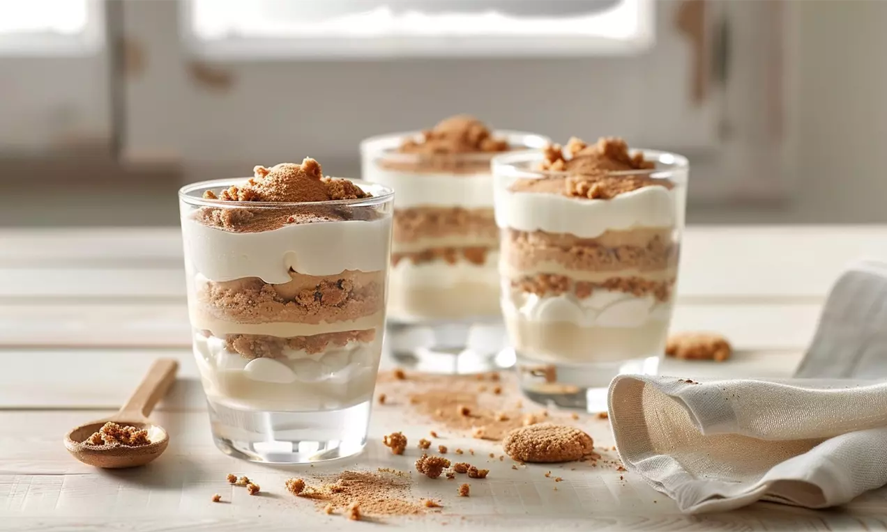 Verrines avec couches alternées de crème blanche lisse et biscuits spéculoos bruns croustillants, garnies de miettes dorées sur une table blanche, AI-labeled image