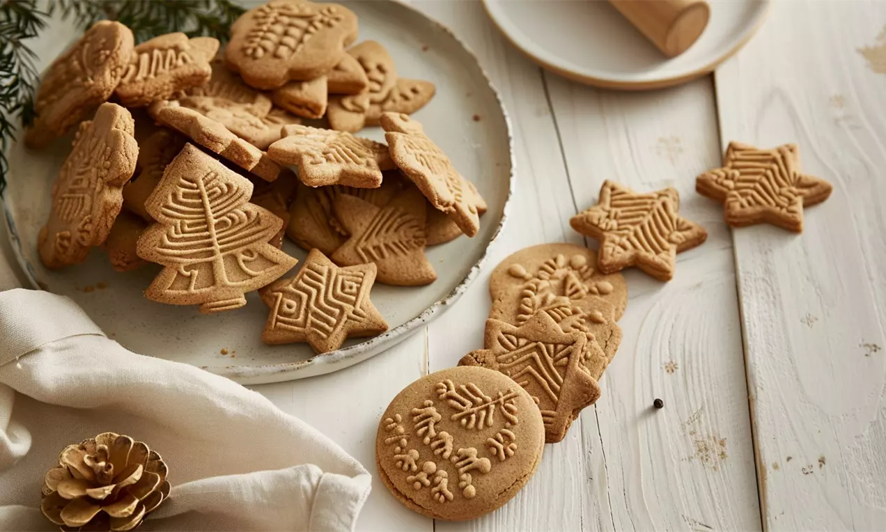 Spéculoos brun clair aux motifs festifs en forme de sapins, étoiles et médaillons sur une assiette beige entourée de décorations boisées, AI-labeled image