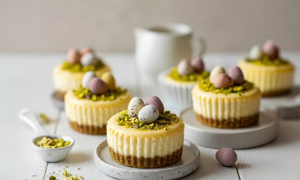 Mini cheesecakes sur base biscuitée dorée, garnis de pistaches hachées et de petits œufs pastels posés en nid sur des assiettes blanches