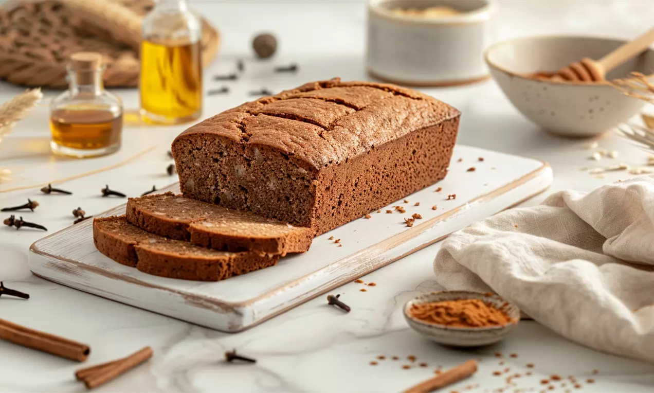Peperkoek met donkere kruimelachtige textuur, in plakjes gesneden op een wit houten plank, omringd door kruiden en honing in glazen potjes, AI-labeled image