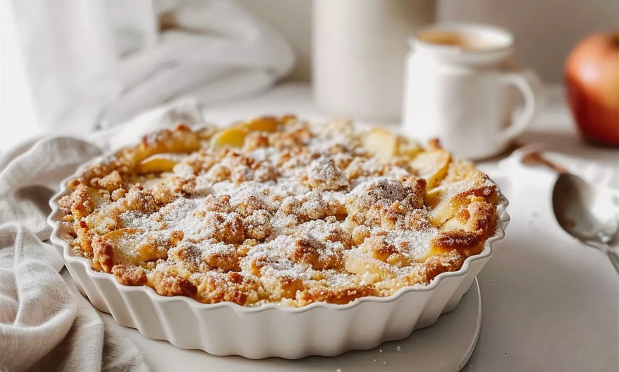 Crumble doré aux pommes en fines tranches, recouvert de morceaux de pâte croustillante saupoudrés de sucre glace dans un plat ondulé blanc, AI-labeled image